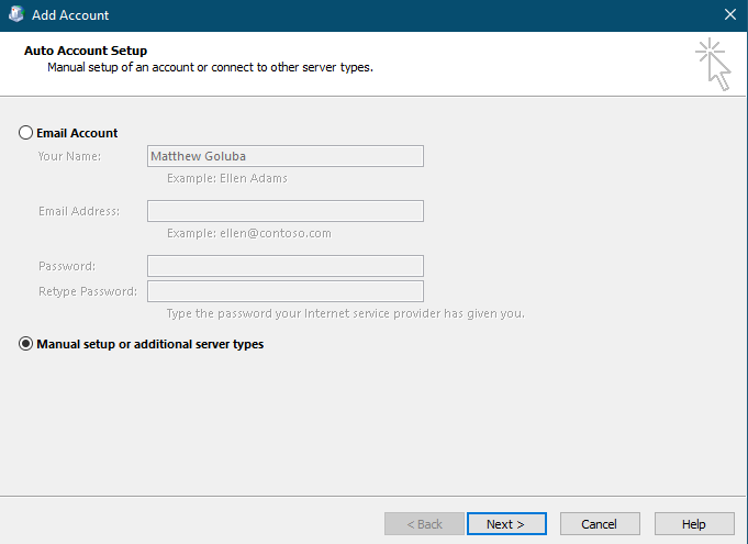 auto account setup use manual setuo or additional server types