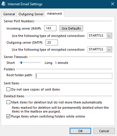 Internet email settings for advanced tab